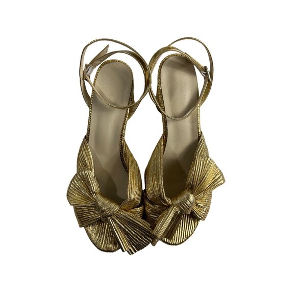 Unbranded Women's Gold Lame Bow Pleated Block Heeled Sandals Sz 42 - Picture 8 of 10